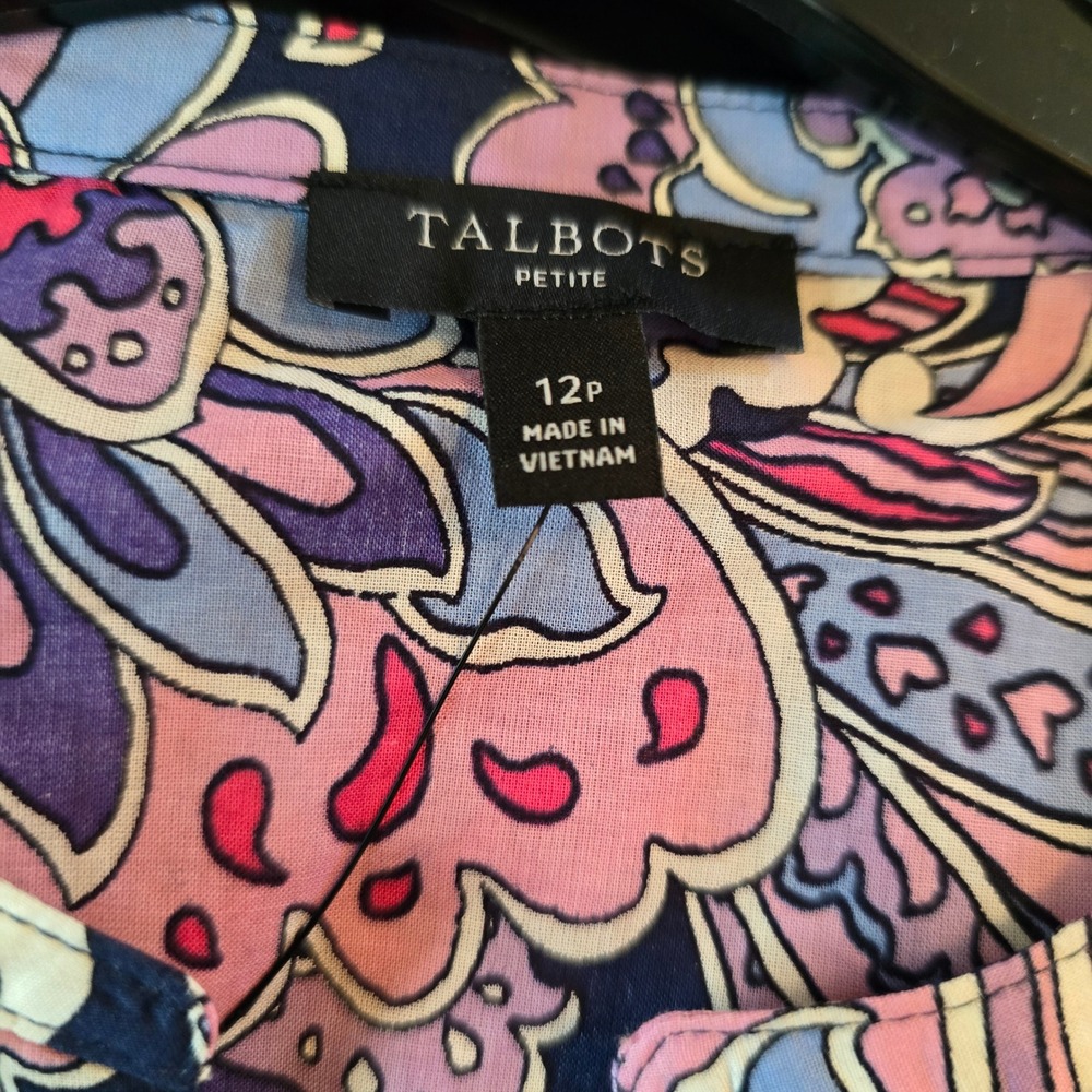 Talbots NEW Paisley Floral Shirt Dress Women 12P Blue Pink Cotton Belted Pockets - Picture 2 of 12